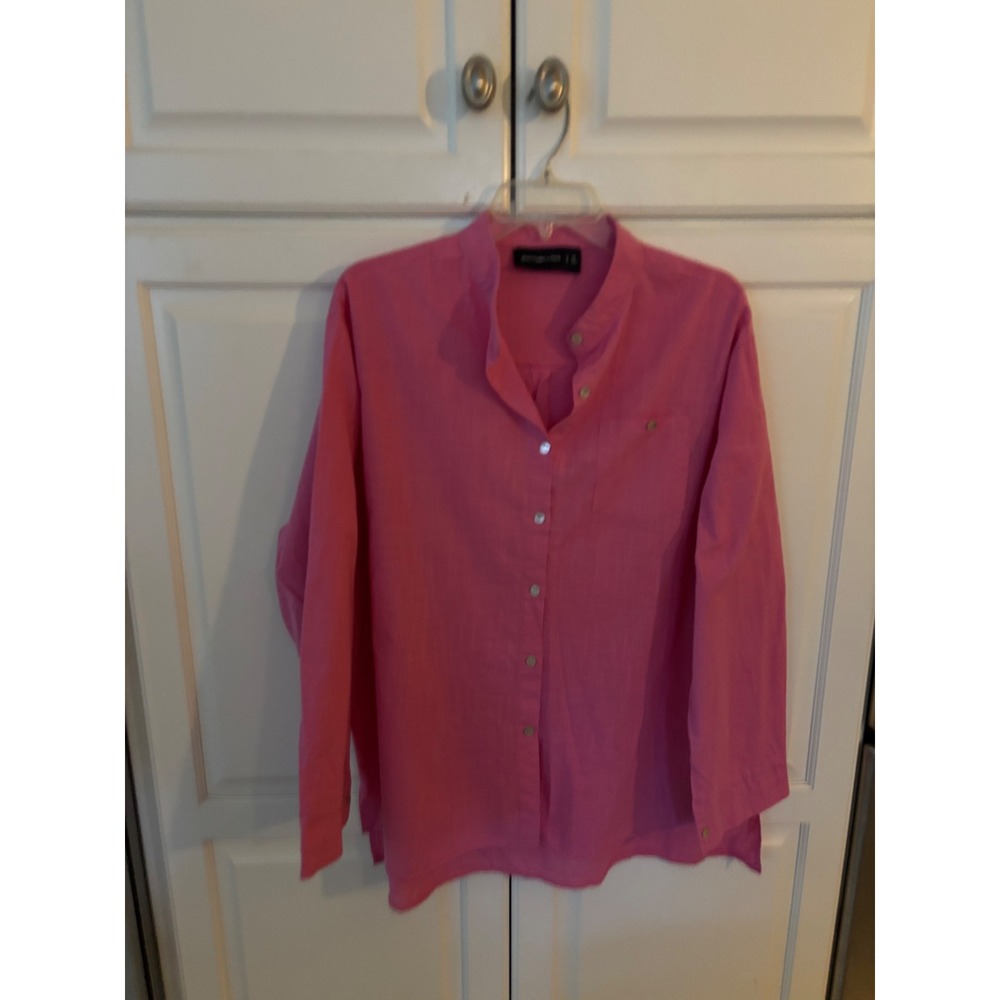 Womens Pink Linen Button Down Mandarin Collar Long Sleeve‎ Shirt Fuchsia Top XL